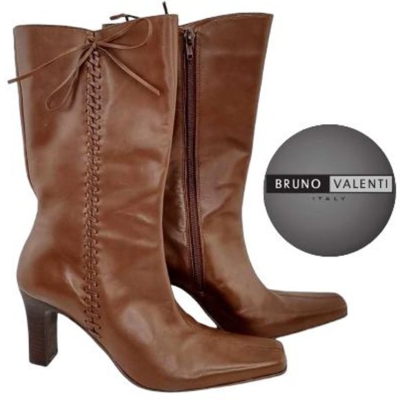 Bruno Valenti Shoes - Bruno Valenti Braided Brown Leather Heeled Boots - Women's Sz. 9